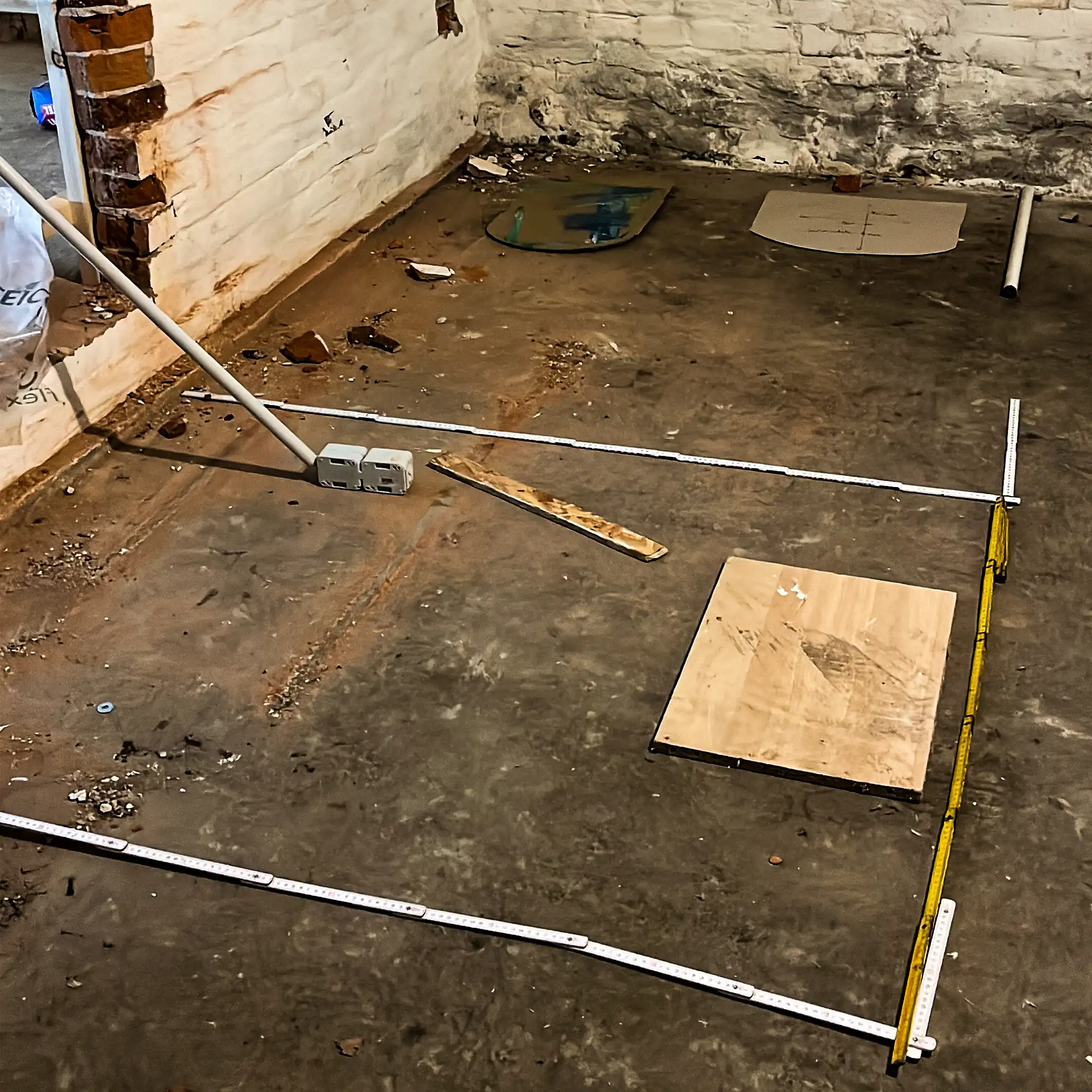 Messmittel auf dem Fußboden auf Baustelle